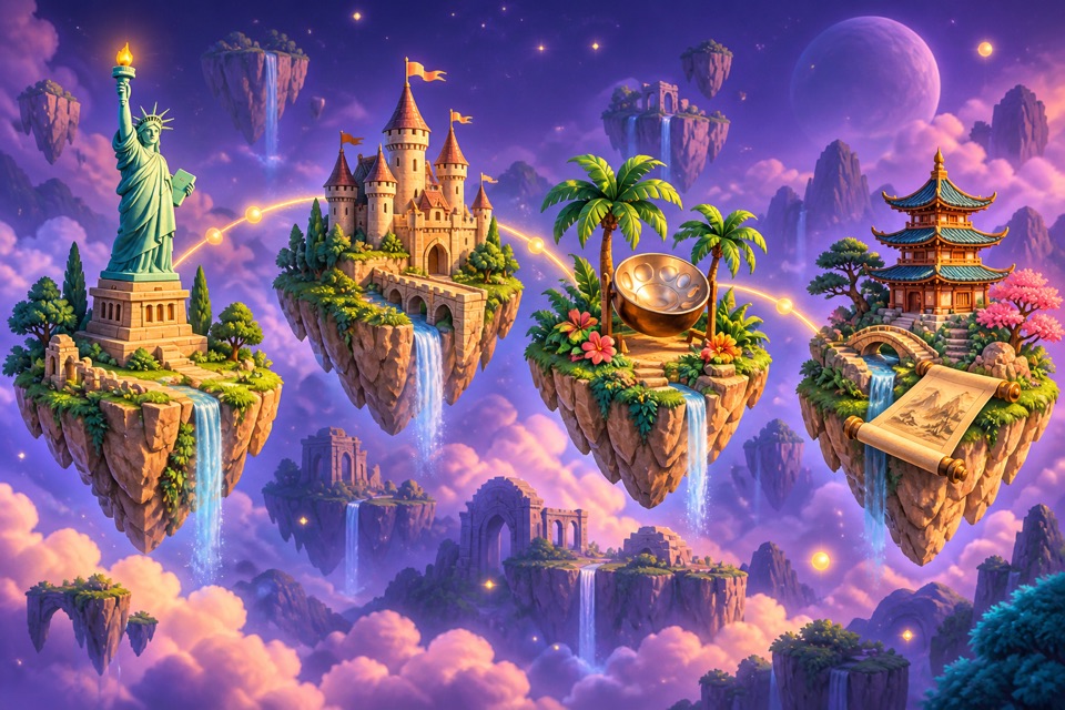 A fantastical world of floating islands with a castle, Caribbean palms, the Statue of Liberty and a Japanese pagoda.